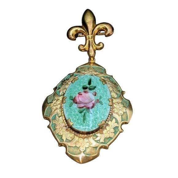 Vtg 1930s Guilloche Enamel Work Rose Design Fleur de Lis Locket Hanging Brooch - Picture 7 of 7